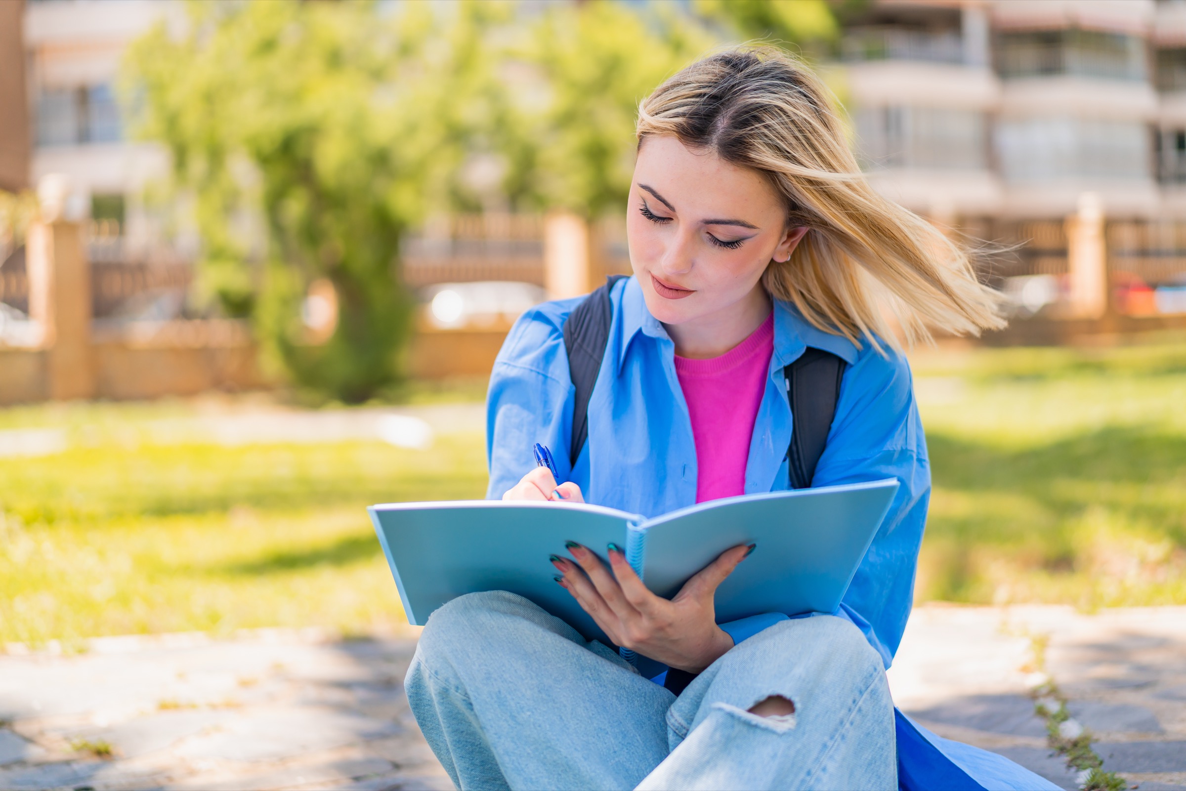 Student studying outdoors